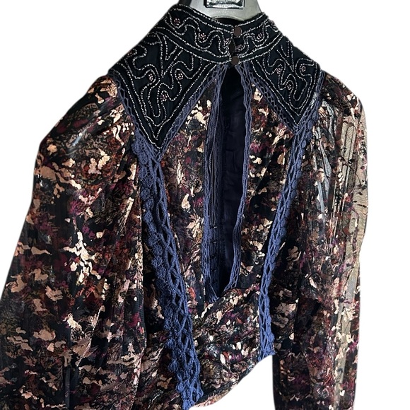 Free People Camille Top Black Embellished Blouse Black Purple Gold Sparkle XS - Picture 5 of 14